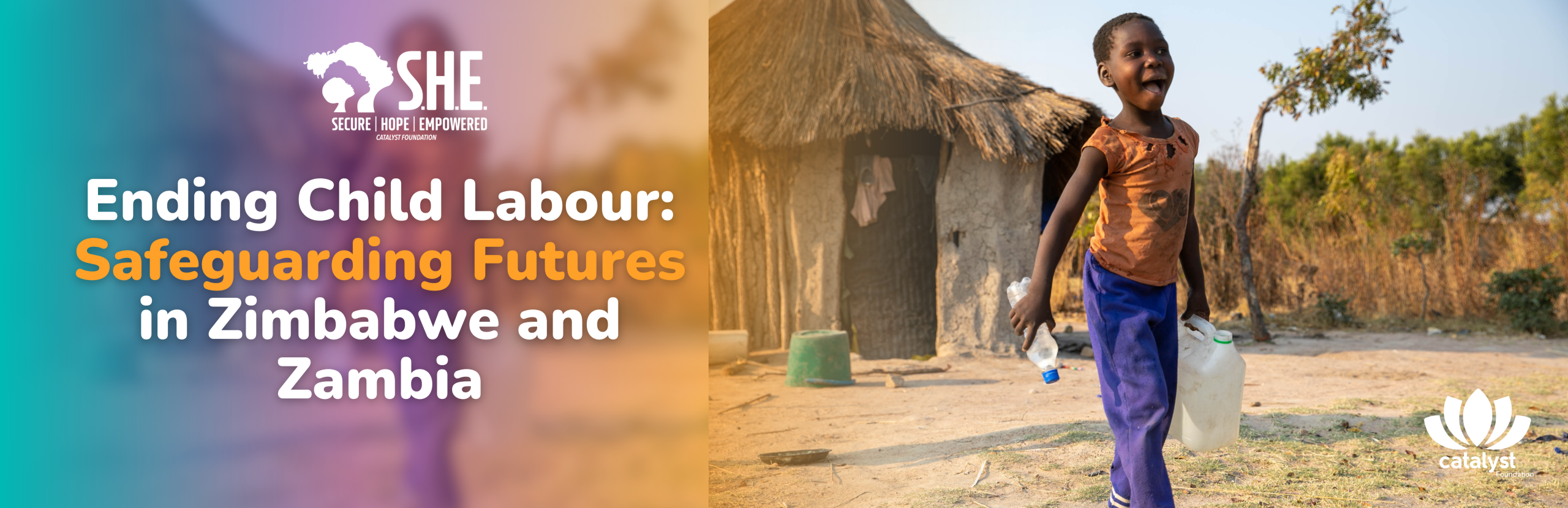 Banner for a blog post about ending child labour, featuring a child carrying water and the title "Ending Child Labour: Safeguarding Futures in Zimbabwe and Zambia."