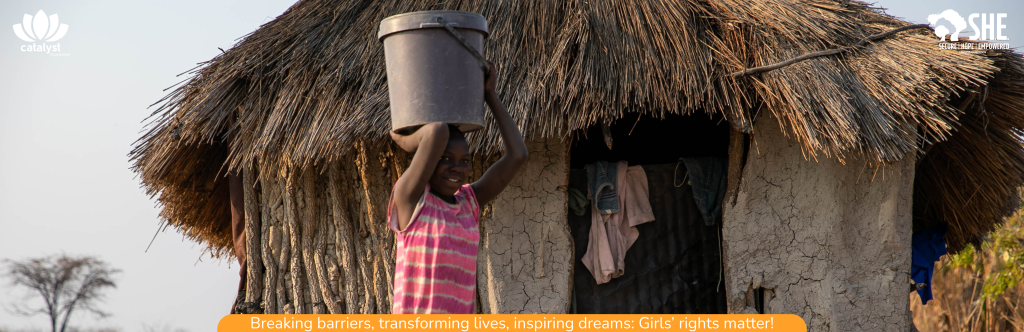 Promotional image with a child carrying water on their head near a hut, symbolizing daily life and challenges. The text emphasizes breaking barriers and empowering girls, stating "Girls' rights matter!"