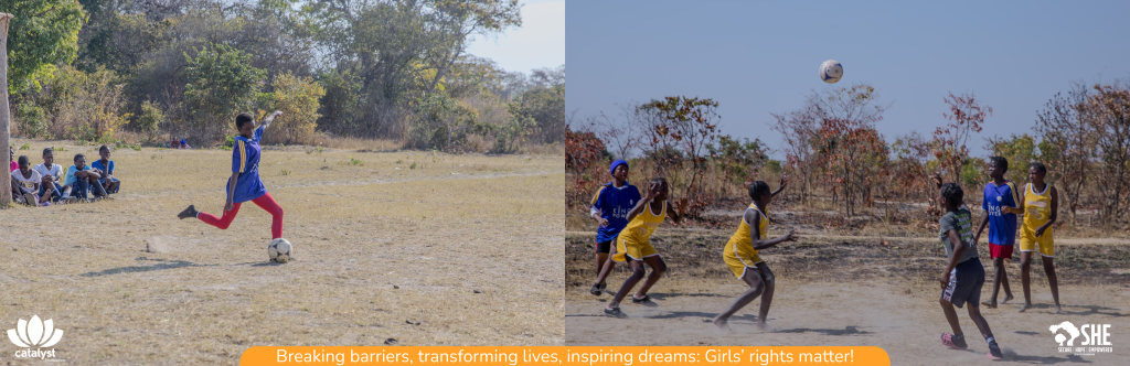 Image showcasing girls playing soccer and netball/volleyball outdoors, representing youth sports and girls' empowerment initiatives.