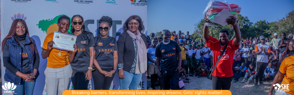 Image showing the success of a girls' empowerment event, with participants receiving awards and sports equipment, symbolizing achievement and community support.