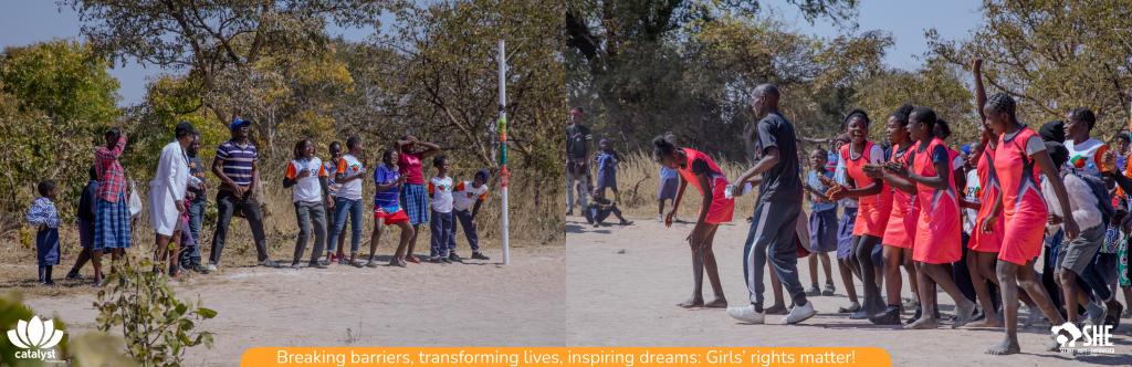 Young girls and boys participating in outdoor sports, possibly netball, with a focus on girls' empowerment and community engagement.
