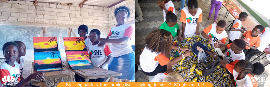 A blog post banner titled "Breaking barriers, transforming lives, inspiring dreams: Girls’ rights matter!" The image is split into two scenes. On the left, several young girls and a woman (likely a mentor) are smiling and posing with colorful sunset paintings in a classroom. On the right, a group of girls are gathered around a table, engaged in a craft activity, possibly beadwork or fabric art. The Catalyst Foundation and S.H.E. Programme logos are visible.