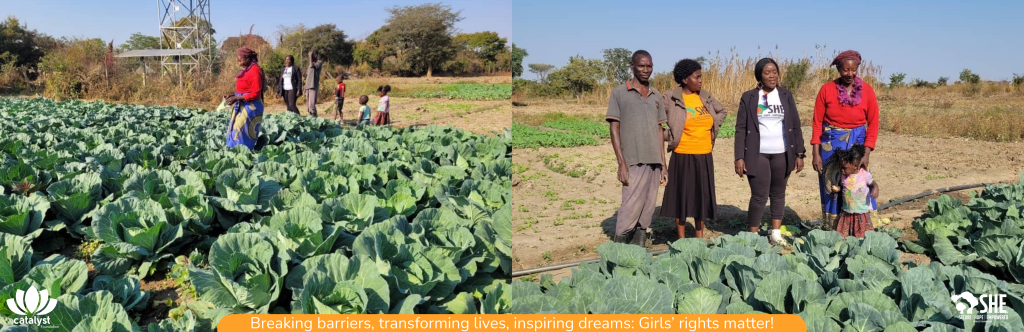A group of adults and children standing in a large field of green cabbage plants under a clear sky, with text overlay "Breaking barriers, transforming lives, inspiring dreams: Girls' rights matter!"