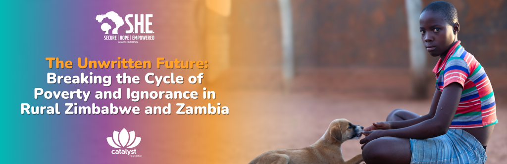 A blog post header featuring a close-up image of a young girl with an expressive face, possibly in a rural African community. The text overlays read, "The Unwritten Future," "Breaking the Cycle of Poverty and Ignorance in Rural Zimbabwe and Zambia,"