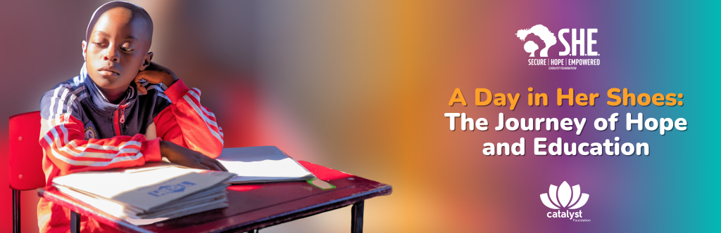 A social media graphic with a bright yellow background featuring a close-up photo of a smiling young girl in a school uniform. Text overlays read, "A Day in Her Shoes" and "The Journey of Hope and Education."