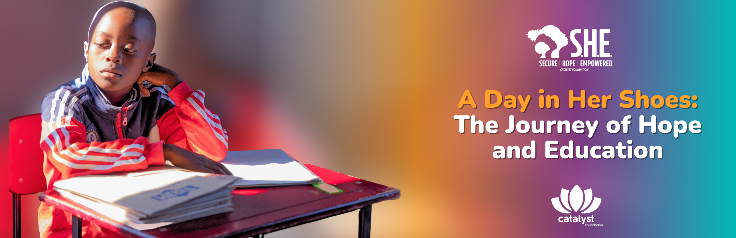 A social media graphic with a bright yellow background featuring a close-up photo of a smiling young girl in a school uniform. Text overlays read, "A Day in Her Shoes" and "The Journey of Hope and Education."