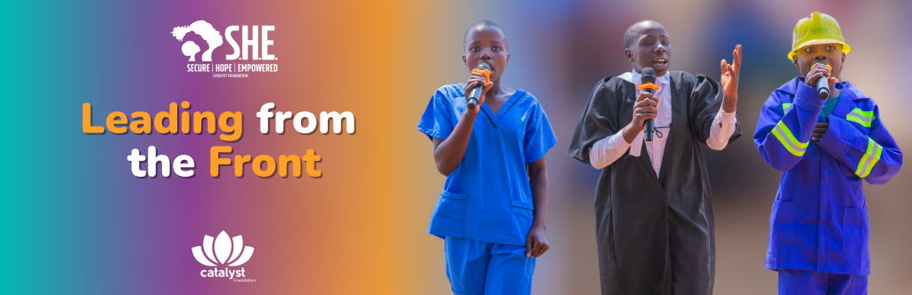 Catalyst Foundation banner showing three young girls speaking into microphones while dressed to represent future careers, embodying leadership.