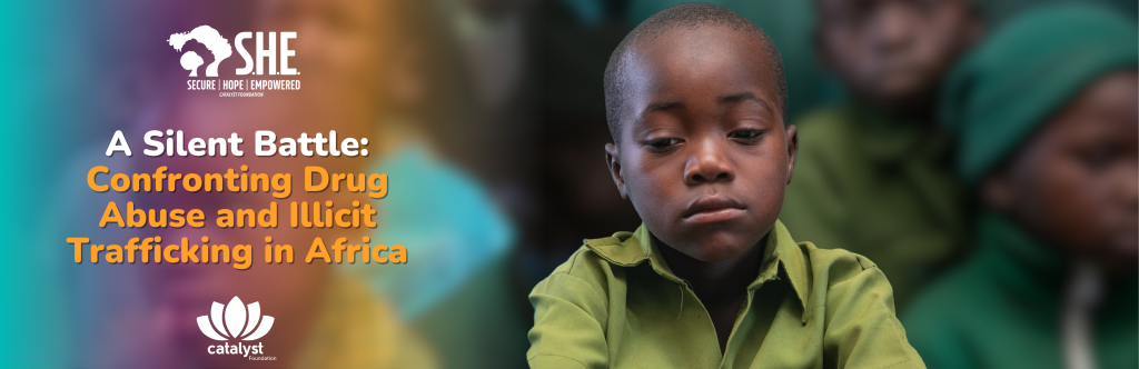 A blog post banner titled "A Silent Battle: Confronting Drug Abuse and Illicit Trafficking in Africa." The image features a young boy in a green shirt looking thoughtfully forward, with other children blurred in the background, and the Catalyst Foundation and S.H.E. Programme logos visible.