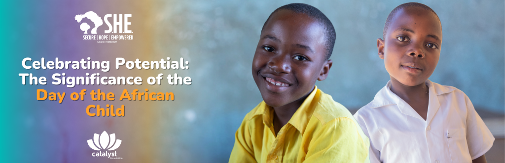 Promotional image for a blog post about the Day of the African Child, featuring two smiling girls and the title emphasizing celebrating potential.