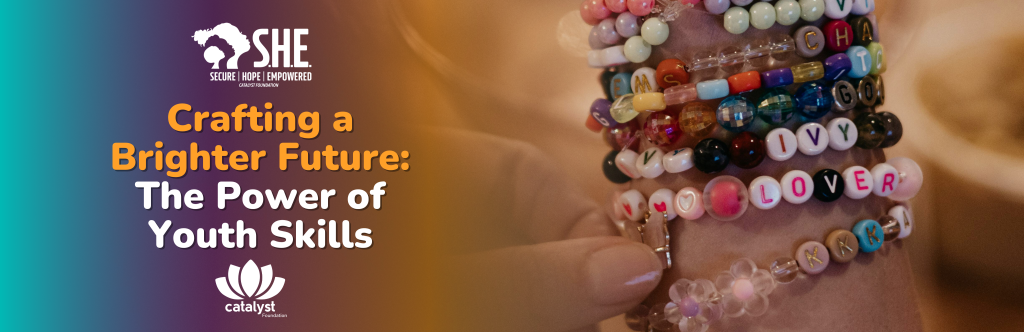 A person's hand and wrist, with several colorful, handmade beaded bracelets, including one with the word "LOVER" written in letter beads. The image has a text overlay that reads "Crafting a Brighter Future: The Power of Youth Skills."