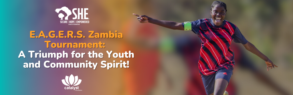 vibrant image of a young female athlete celebrating on a sports field, promoting the E.A.G.E.R.S Zambia Tournament and its positive impact on youth and community.