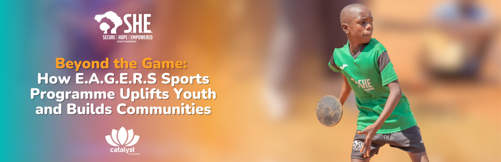 Blog post Banner with Catalyst Foundation logo and S.H.E Programme logo with a child looking determined, holding a discus