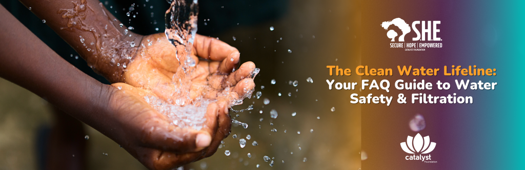 Banner for a clean water FAQ blog post, featuring a child's hands catching water, with the title "The Clean Water Lifeline."