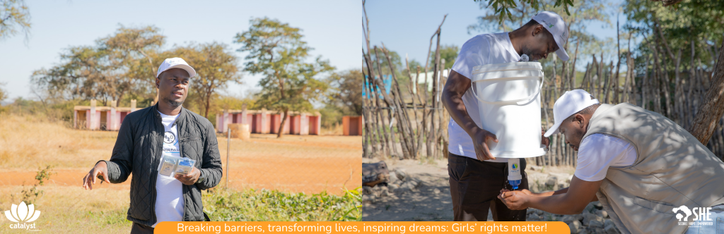 The image shows two scenes: on the left, a man in a white cap and dark jacket holds a water filter, gesturing in a rural setting. On the right, two men in white caps are setting up a water filtration system from a white bucket, with one catching water in his hands.