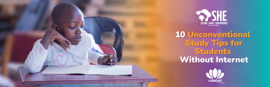 A photo of a girl studying with a banner written 10 Unconventional Study Tips for Students Without Internet