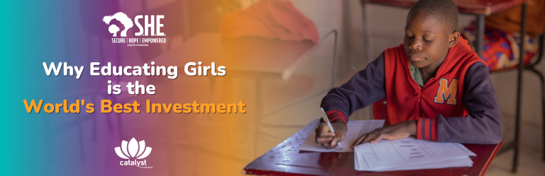 A young girl studying in class with a banner next to her written Why Educating Girls is the World's Best Investment