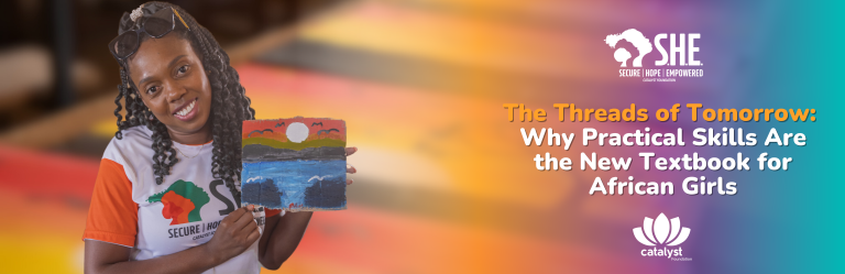 A blog post banner featuring a young African woman holding up her painting. The background is a bright, warm colour, and text overlays promote skills development, related to the S.H.E. Club.
