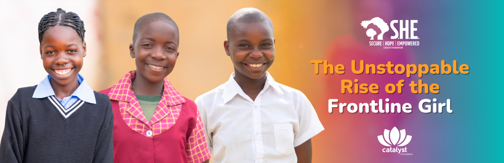 Three smiling S.H.E. girls in school uniforms next to the blog title: The Unstoppable Rise of the Frontline Girl.