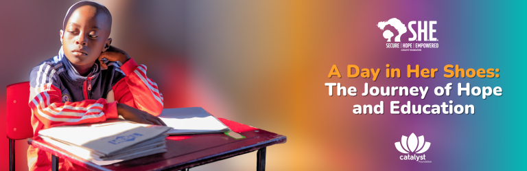 A social media graphic with a bright yellow background featuring a close-up photo of a smiling young girl in a school uniform. Text overlays read, "A Day in Her Shoes" and "The Journey of Hope and Education."